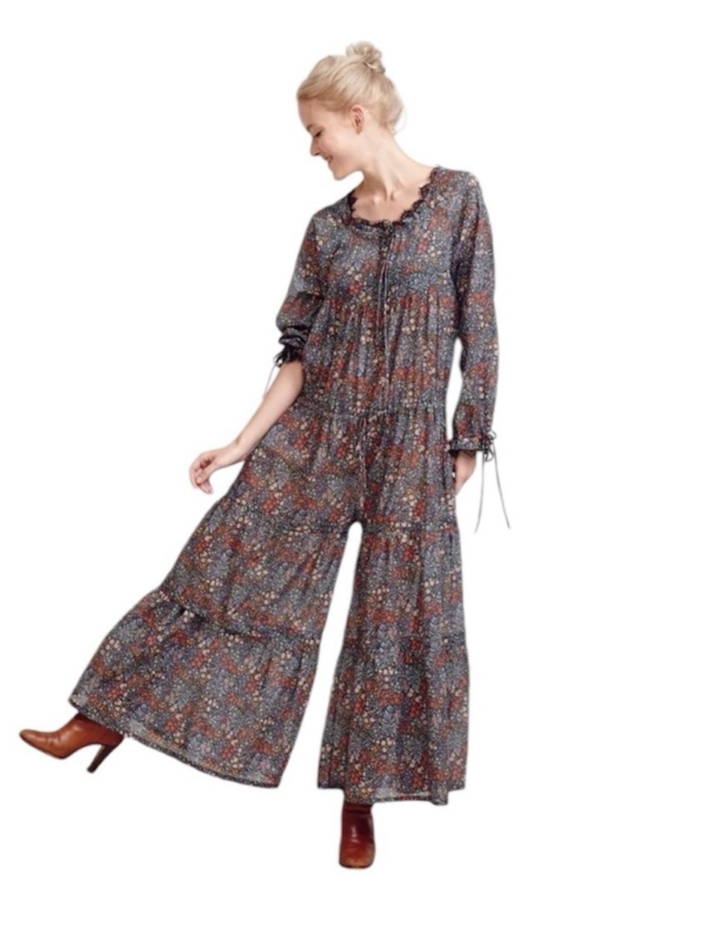 Warm Multicolor Floral Tiered Wide-Leg Jumpsuit